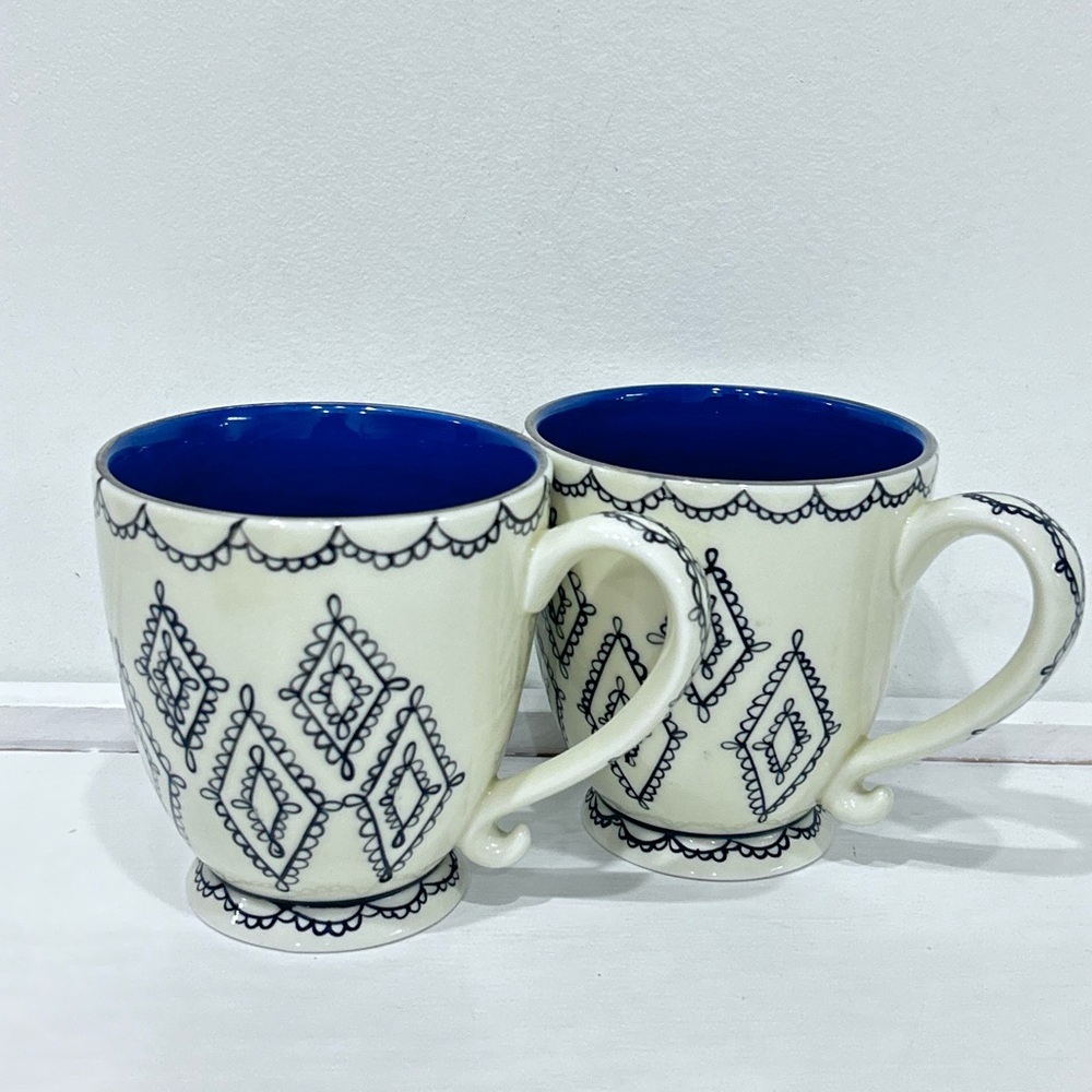 Vintage Starbucks‎ 2002 Barista Footed Coffee Mug Black Lace Diamond Set of 2